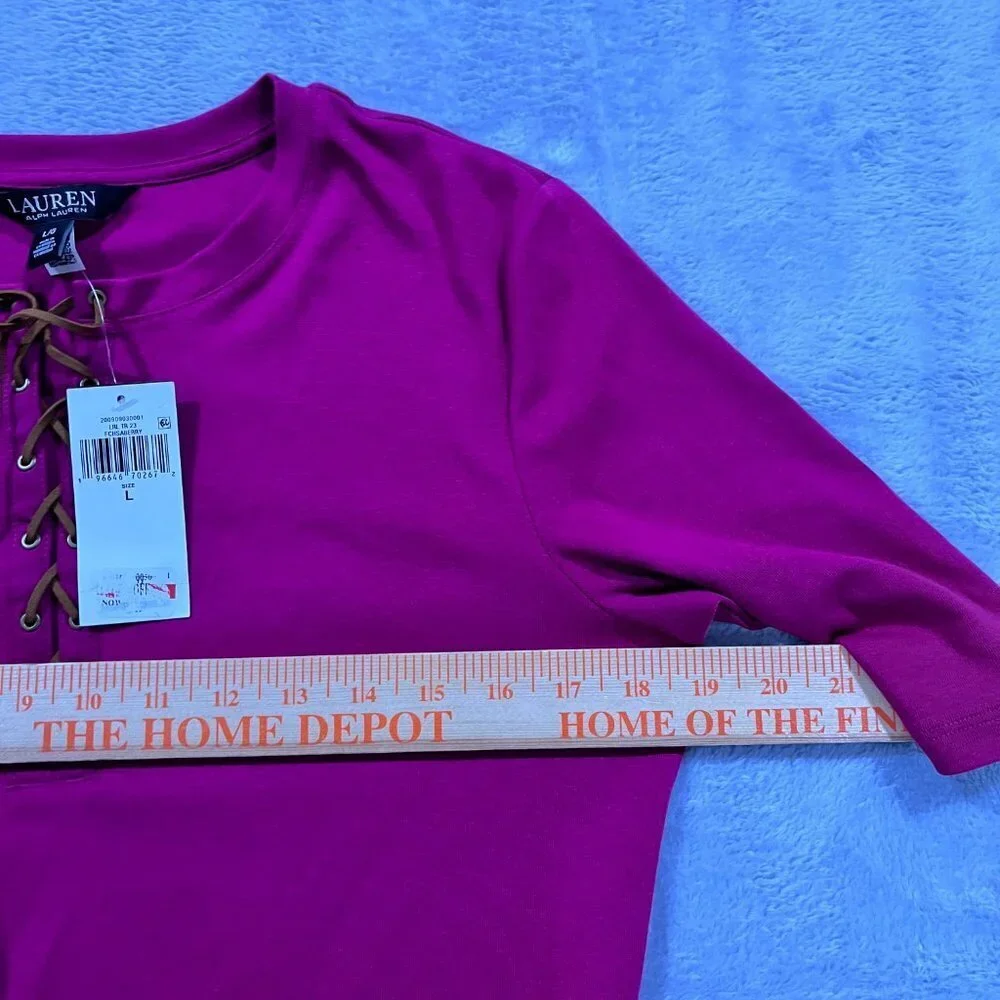 LAUREN Ralph Lauren Lace-Up Stretch Cotton Top Blouse Pink Sz Large NWT‎ Women's